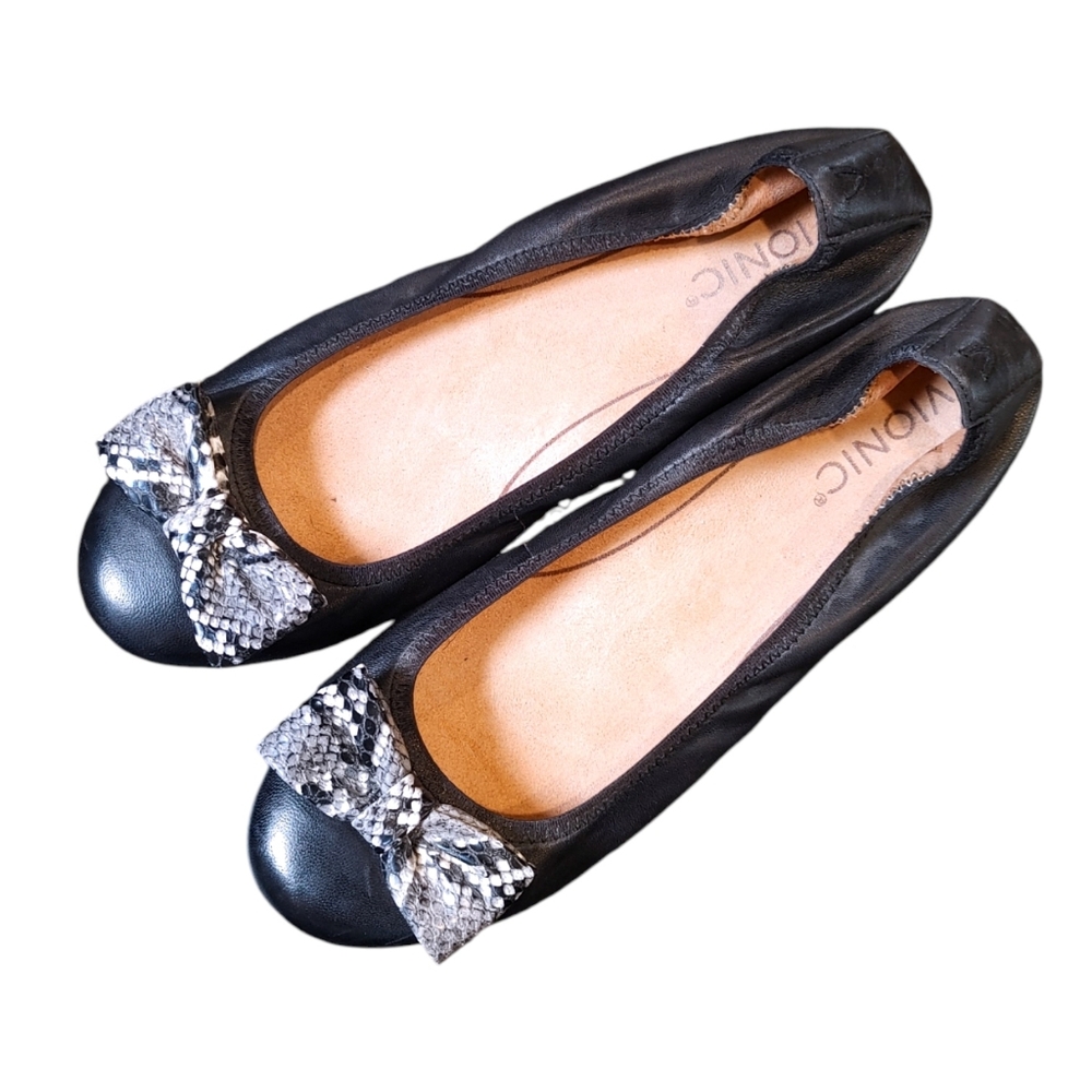 Vionic Black Leather Snakeskin Bow Slip On Ballet Flats Womens Size 9 - Picture 8 of 8